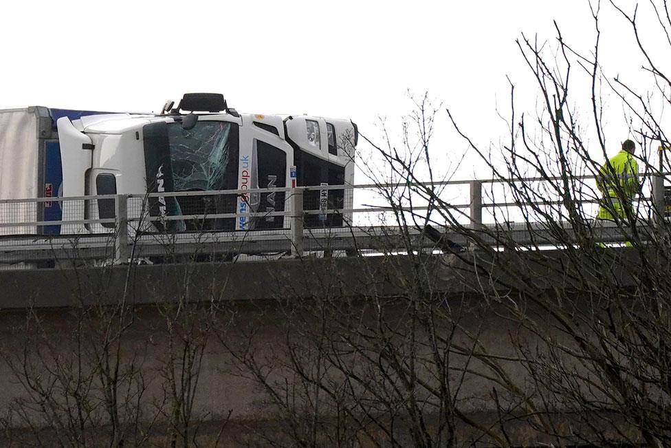 A lorry blown over on the M4 in Margam, Neath Port Talbot, on 18 February 2022