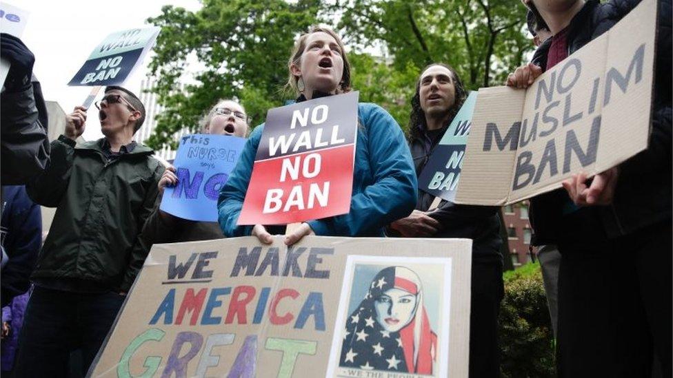 Protesters outside the 9th US Circuit Court of Appeals