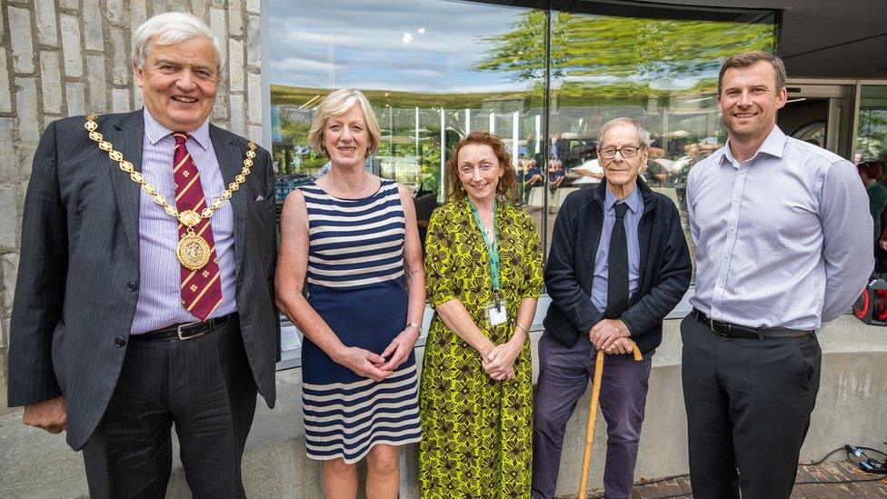 Left to right - Lord Provost Maurice Corry, Chair of the Board of Trustees of Kilmartin Museum Grace MacLeod, Dr Sharon Webb OBE Museum Director, Patron of the Museum Neal Ascherson and Andrew McConnell – Senior Investment Manager at National Lottery Heritage Fund