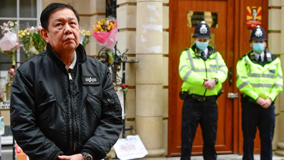 Myanmar's former ambassador to the UK Kyaw Zwar Minn outside the Myanmar embassy in London