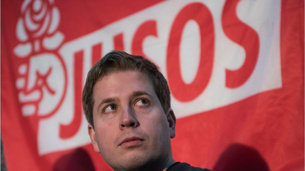 Kevin Kuehnert, head of Jusos, the youth group of the German Social Democrats (SPD), speaks in Leipzig, Germany on February 9, 2018.