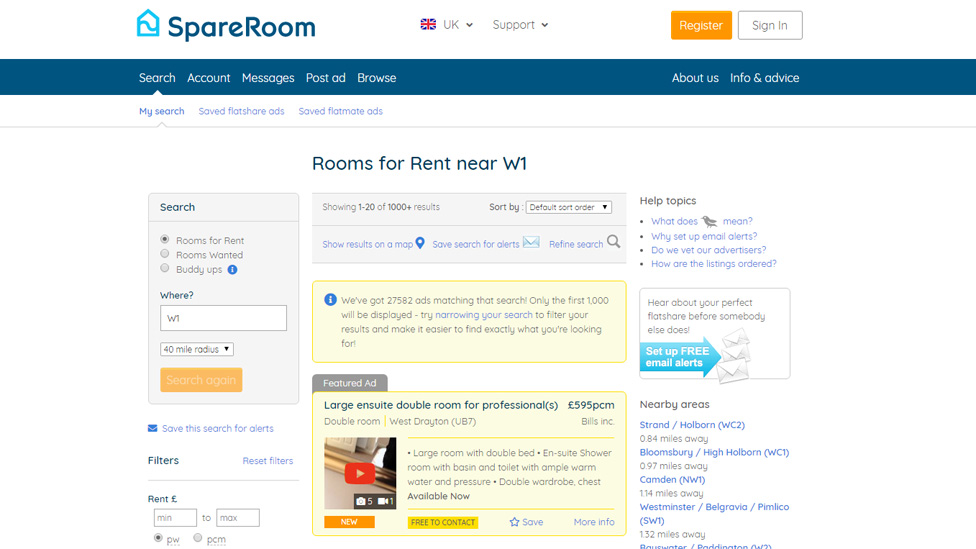 A search on the Spare Room website