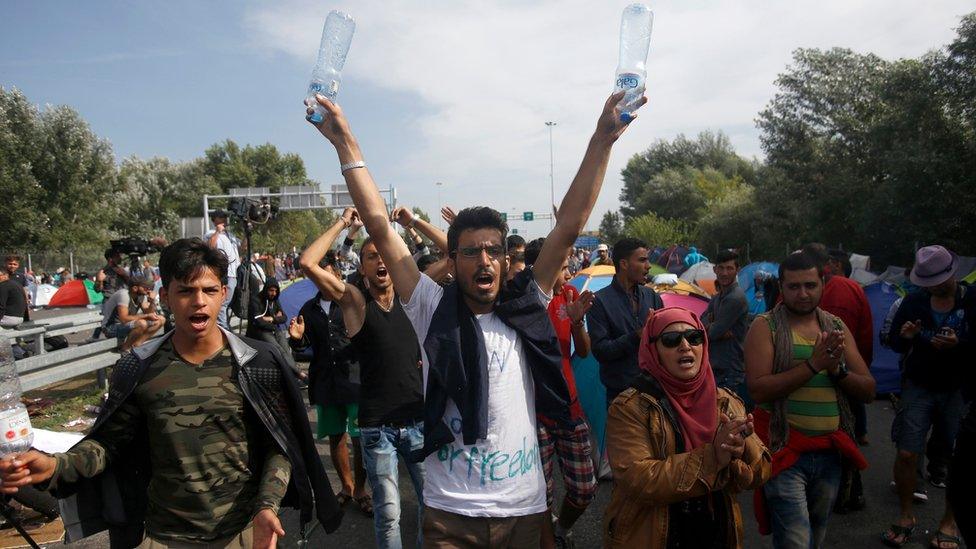 Migrants protesting at the Horgos border crossing into Hungary, in Serbia.