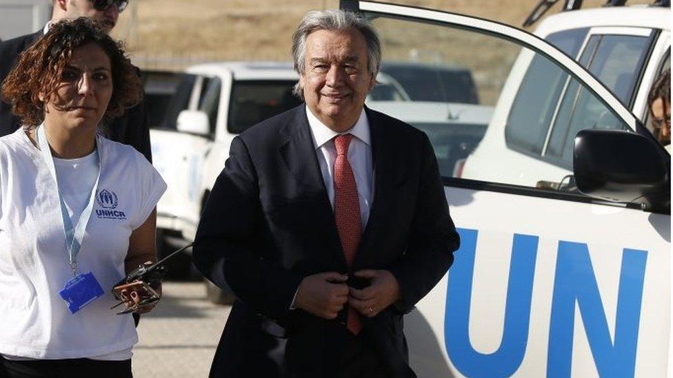 UN High Commissioner for Refugees Antonio Guterres arrives for a visit at the Midyat refugee camp in Mardin, south-eastern Turkey, near the Syrian border, on 20 June 2015