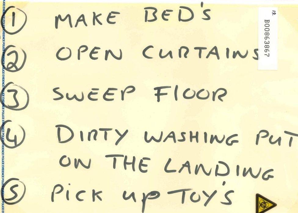 The rules on Alfie's bedroom door reading: Make bed. Open curtains. Sweep floor. Dirty washing put on the landing. Pick up toys.