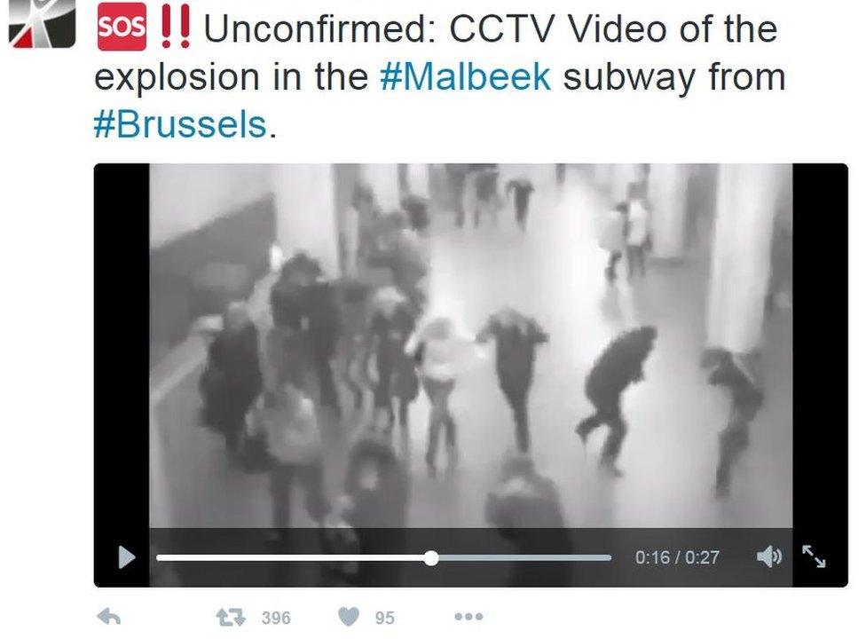 Tweet: Unconfirmed: CCTV Video of the explosion in the #Malbeek subway from #Brussels.