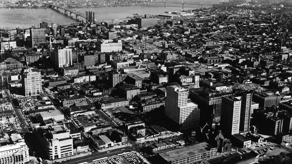 Aerial view of downtown Louisville and the Ohio River, Louisville, Kentucky