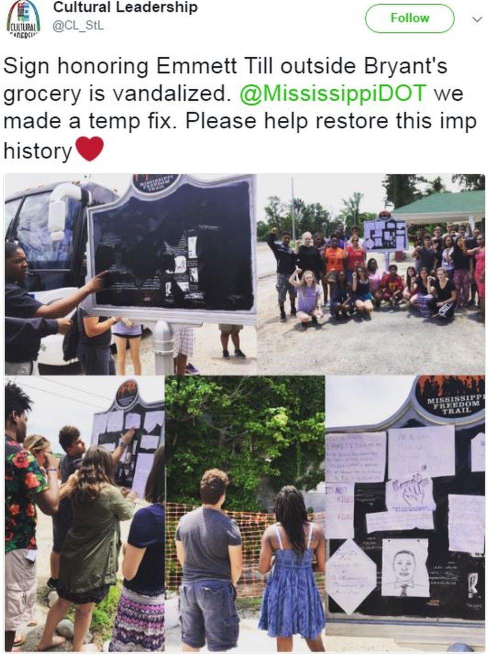 St Louis students from Cultural Leadership gave the sign a temporary fix