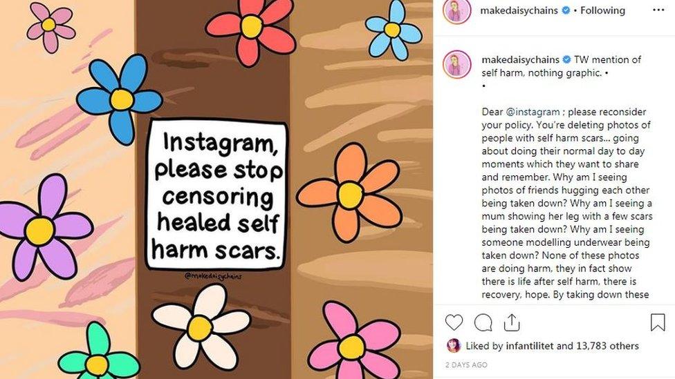 Artwork of colourful flowers with a message saying Instagram, please stop censoring healed self harm scars.