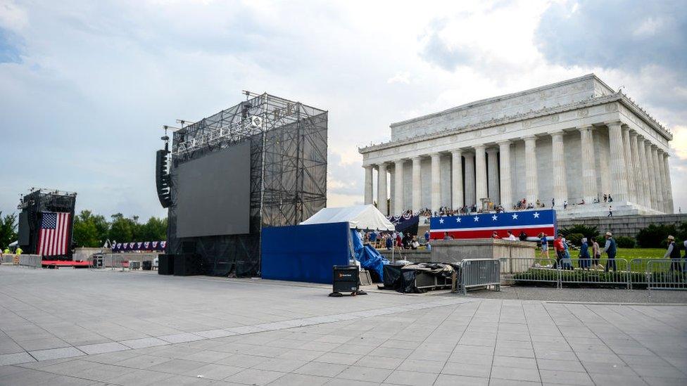 Set up continues for President Donald Trump's 4 July event at the Lincoln Memorial