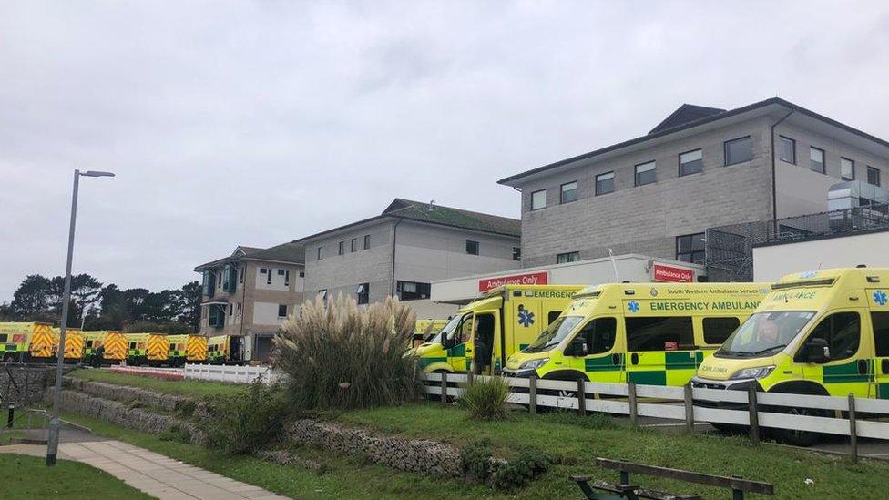 Ambulances waiting outside Royal Cornwall Hospital