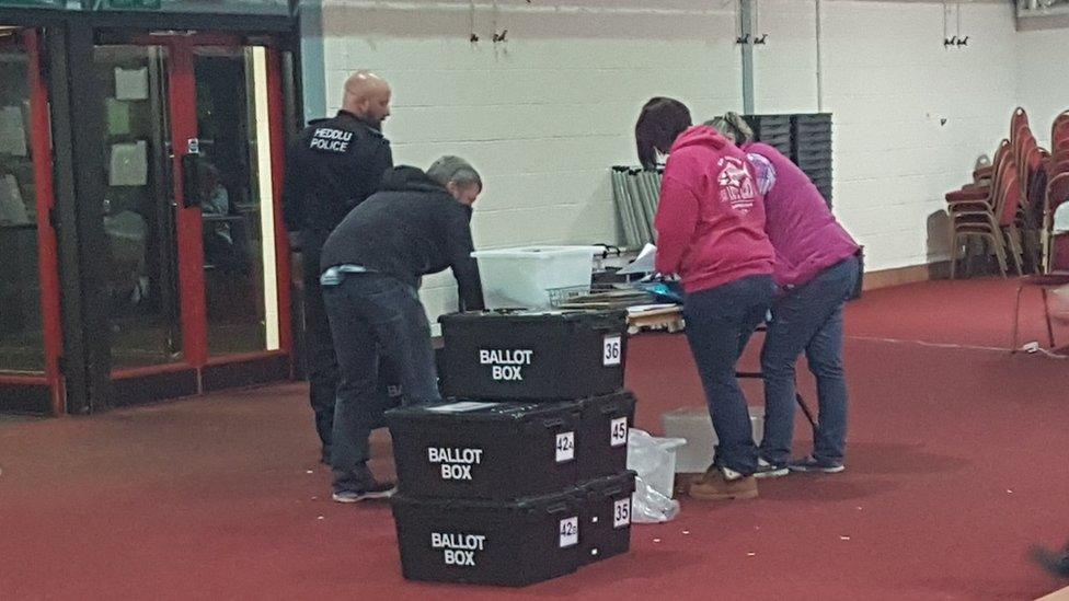 Ballot boxes arrive at Brecon and Radnorshire count