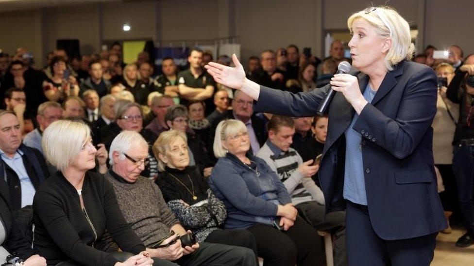 French far-right party National Front leader Marine Le Pen attends a private meeting with FN activists in Haulchin (27 January 2017)