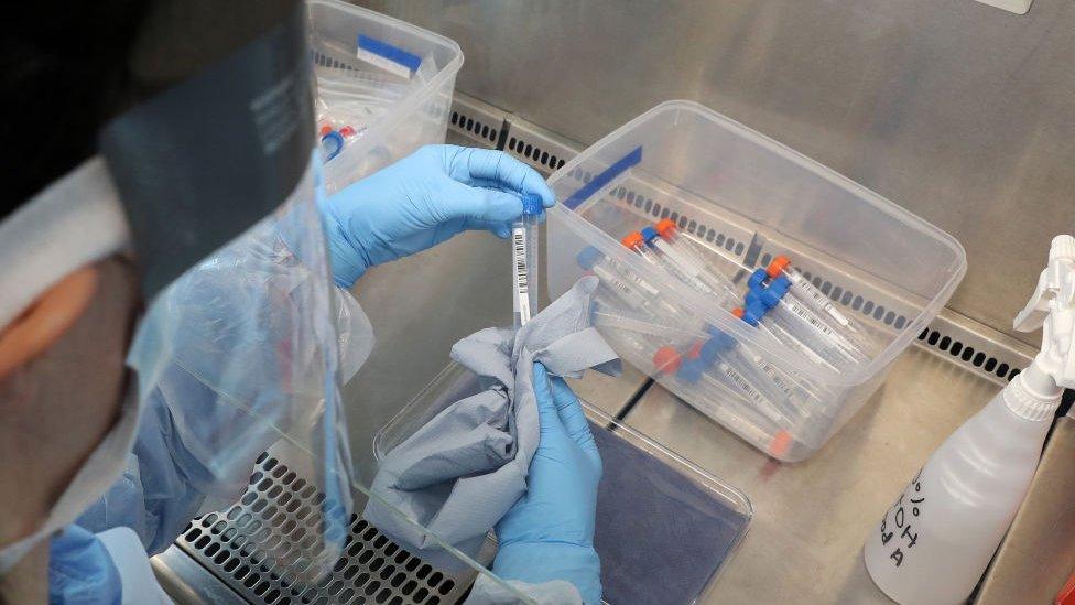 A woman holds a testing sample