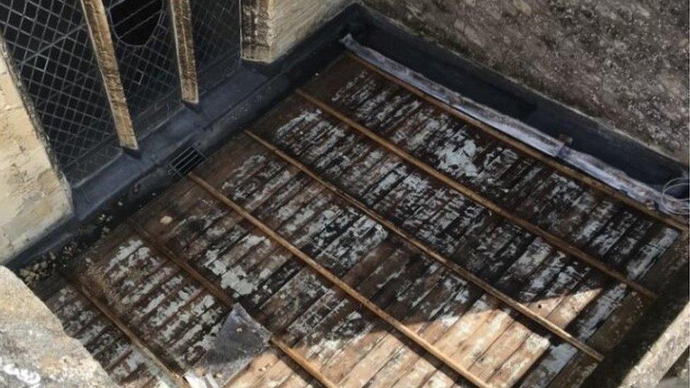 The vestry roof stripped of its lead cladding