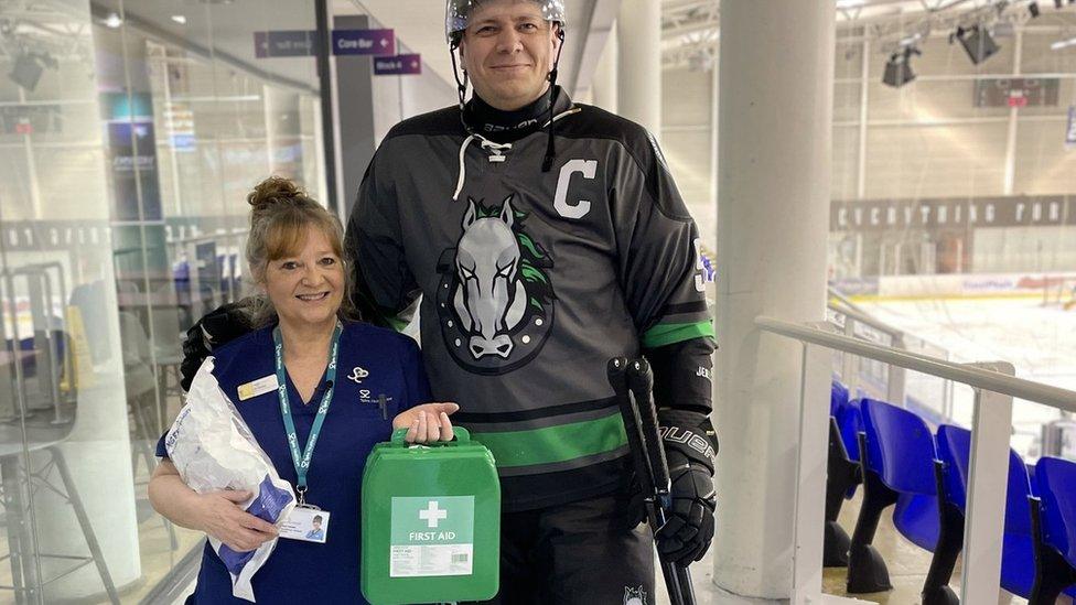 Alison Darwin, Physiotherapy Technical Instructor at Spire Claremont Hospital with Oli Duckenfield, co-owner of the Sheffield Mavericks holding first aid kit