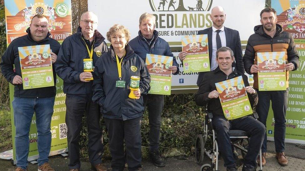 From left: Mark Bennett (Weymouth and Portland Round Table), Tony and Pauline Howden (Dorset and Somerset Air Ambulance local volunteers), Clive Nelson (Senior Manager Active Dorset Redlands ), Adam Luckhurst, Grant Stewkesbury (front) and Oliver Stanton (Weymouth and Portland Round Table.