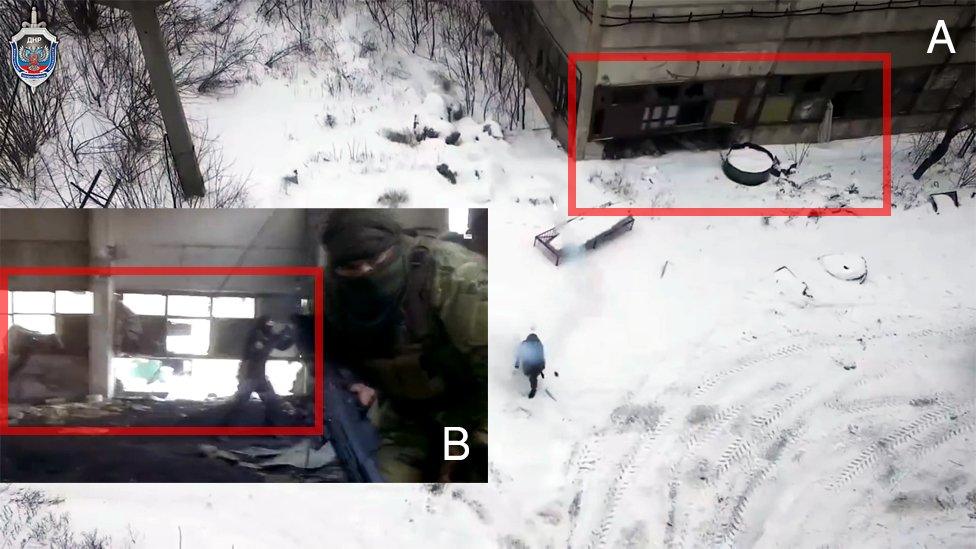 A shot from a promotional video from the "Ministry of State Security" for the "Donetsk People's Republic" and a shot from a Cyberberkut video which claims that ISIS fighters are allegedly serving in the Ukrainian National Guard