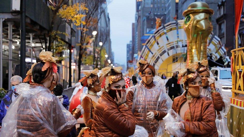 Participants gather ahead of the 94th Macy's Thanksgiving Day Parade in New York City. Photo: 26 November 2020