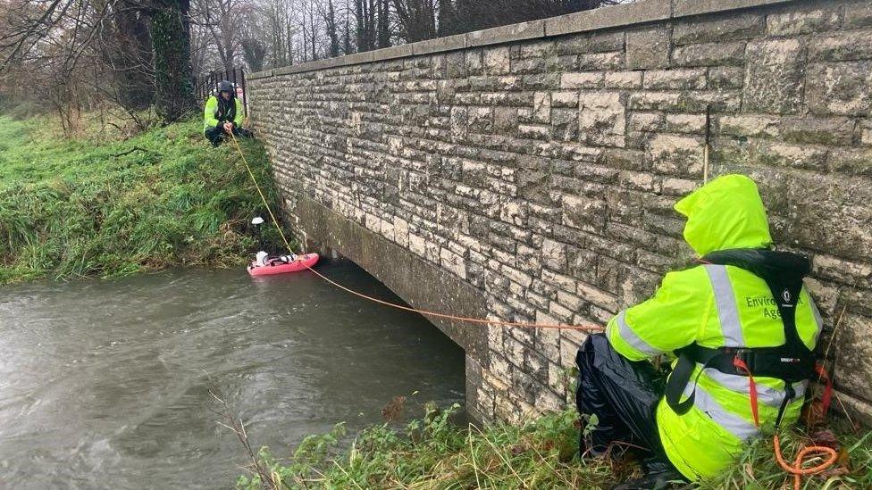 Environment Agency teams checking river levels in Dorchester