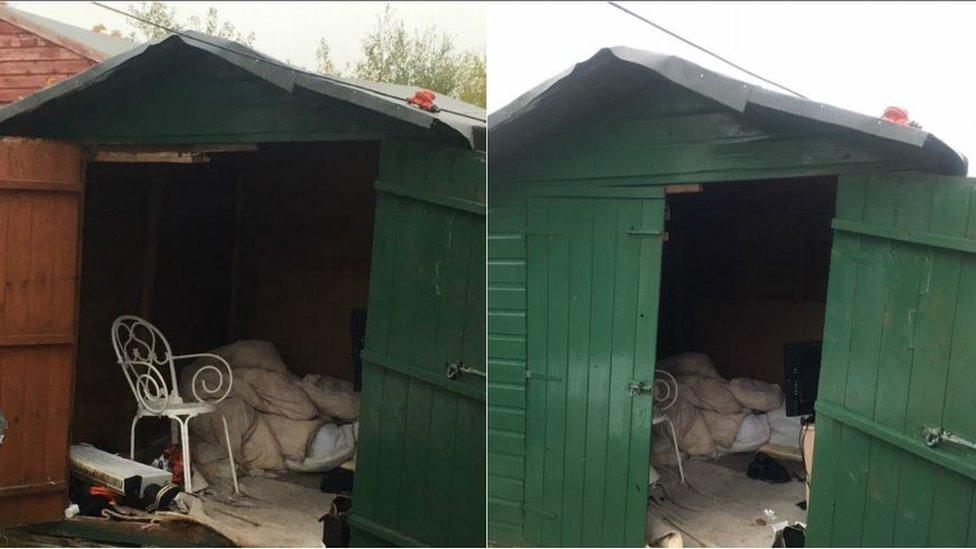 Two images of the shed with dirty bedding and a chair inside