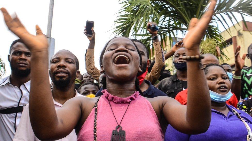 A Sunday service at the #EndSars protest ground in front of the Lagos State Government House in Nigeria - 19 October 2020