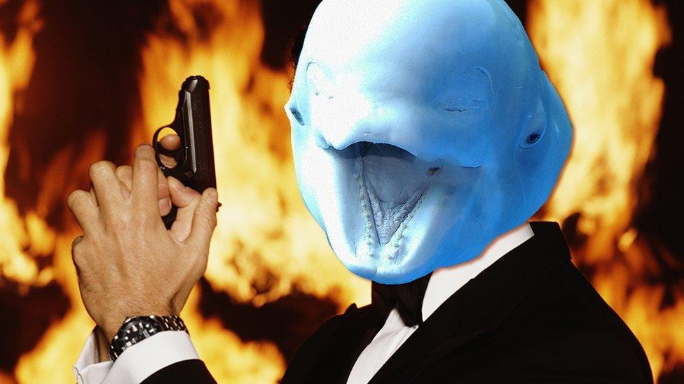 A beluga whale's head on James Bond's body