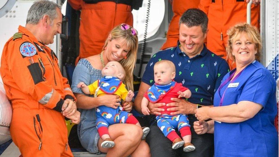 Pictured (left to right) are Chief Crewman Ian Copley, Jennie, Jenson, Ruben, Rich and Midwife Jane Parke who accompanied Jennie on the flight