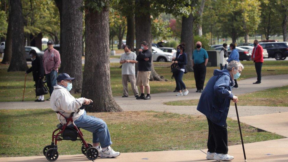 Pensioners queuing to vote earlier this month