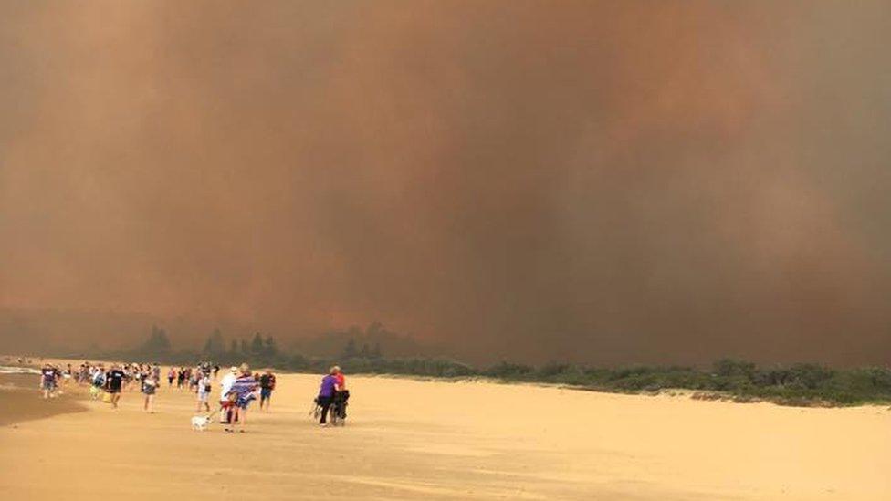 The Tathra blaze seen along the coastline as residents evacuate along the beach