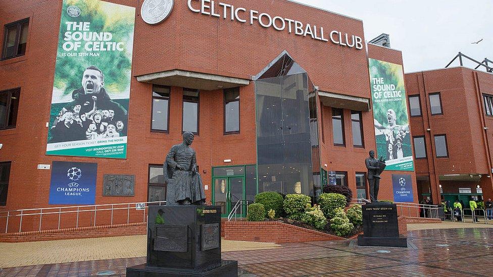 A general view of a rain-soaked Celtic Park exterior before the UEFA Champions League qualifying round play-off first leg match between Celtic and Malmo FF at Celtic Park on August 19, 2015 in Glasgow, Scotland