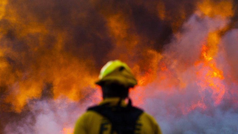 Firefighter in front of fire