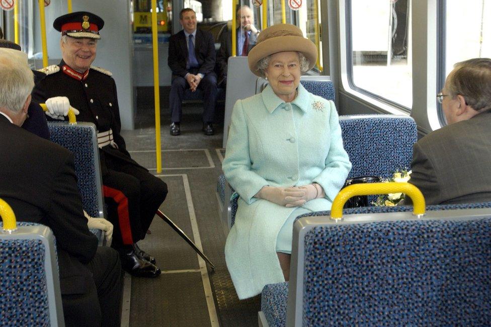 Queen Elizabeth II rides on the new Sunderland to Newcastle Metro Link after officially opening it at the Park Lane interchange, Sunderland.