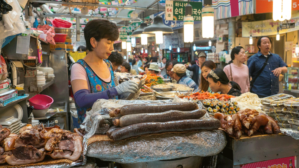 Pork being sold at a market in Seoul, South Korea