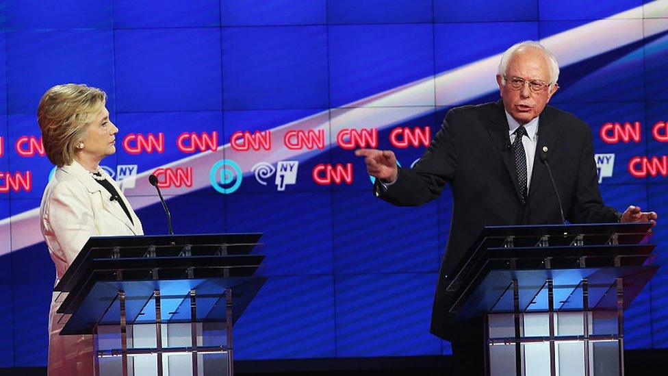 Hillary Clinton and Bernie Sanders debate in New York City.