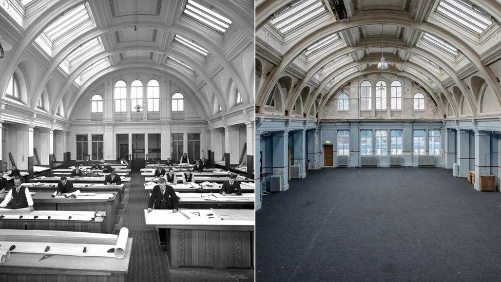 Before and after shot of the drawing offices, with the left showing the office filled with people in black and white and the other the restored drawing room.