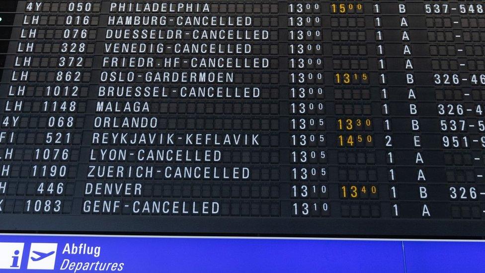 An Airport departure board shows cancelled flights of German airline Lufthansa at the Frankfurt airport in Frankfurt am Main, Germany, 15 February 2023.