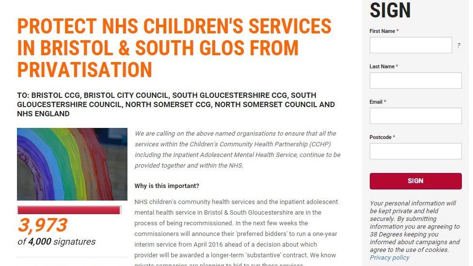 Screen grab of the petition calling for NHS children's services to be protected from being privatised