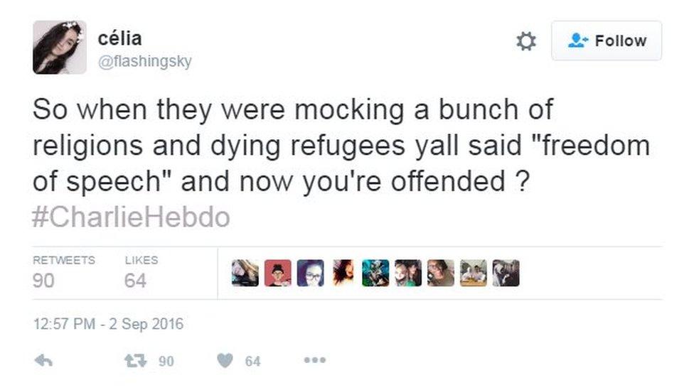 So when they were mocking a bunch of religions and dying refugees yall said "freedom of speech" and now you're offended ? #CharlieHebdo