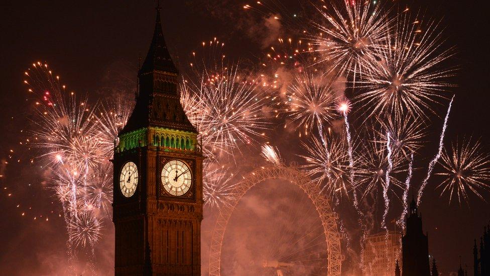 Fireworks display by Big Ben on 1 January 2015