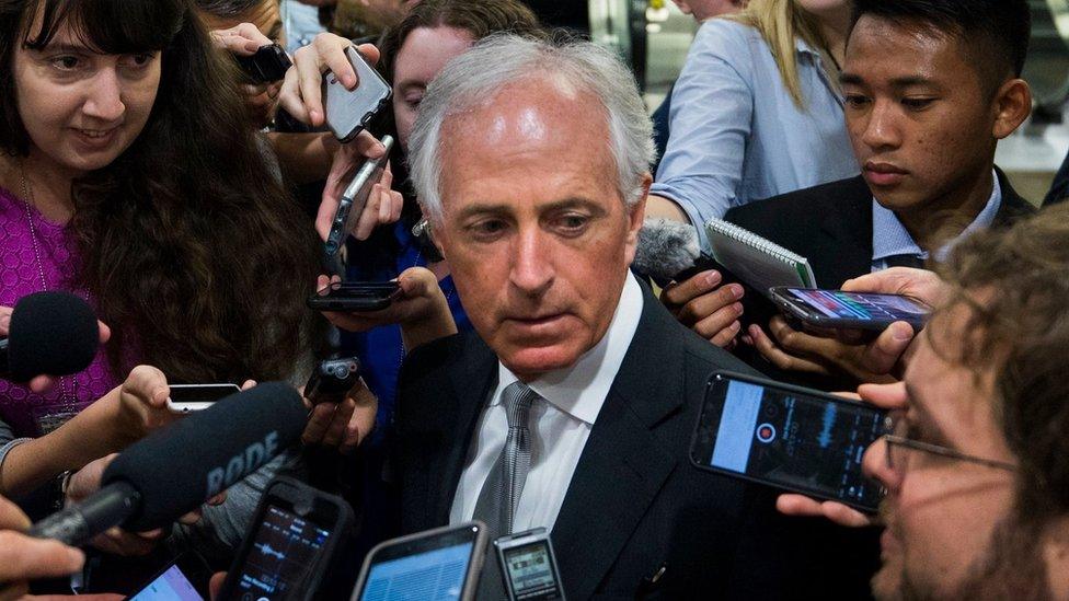 Republican Senator Bob Corker speaks to reporters in the US Capitol on 6 June 2017