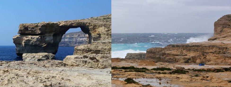 Composite picture shows before and after of Malta's Azure Windown