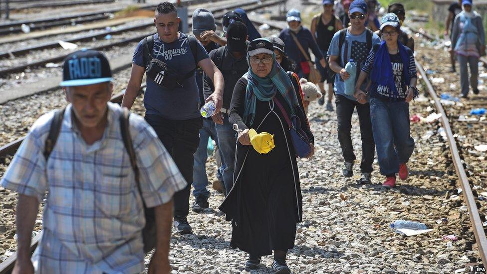 Migrants walk down a railway line in Macedonia