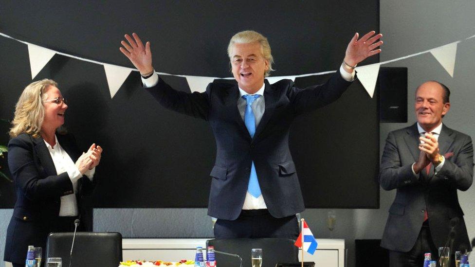 Geert Wilders, the leader of the Dutch Party for Freedom (PVV), celebrates