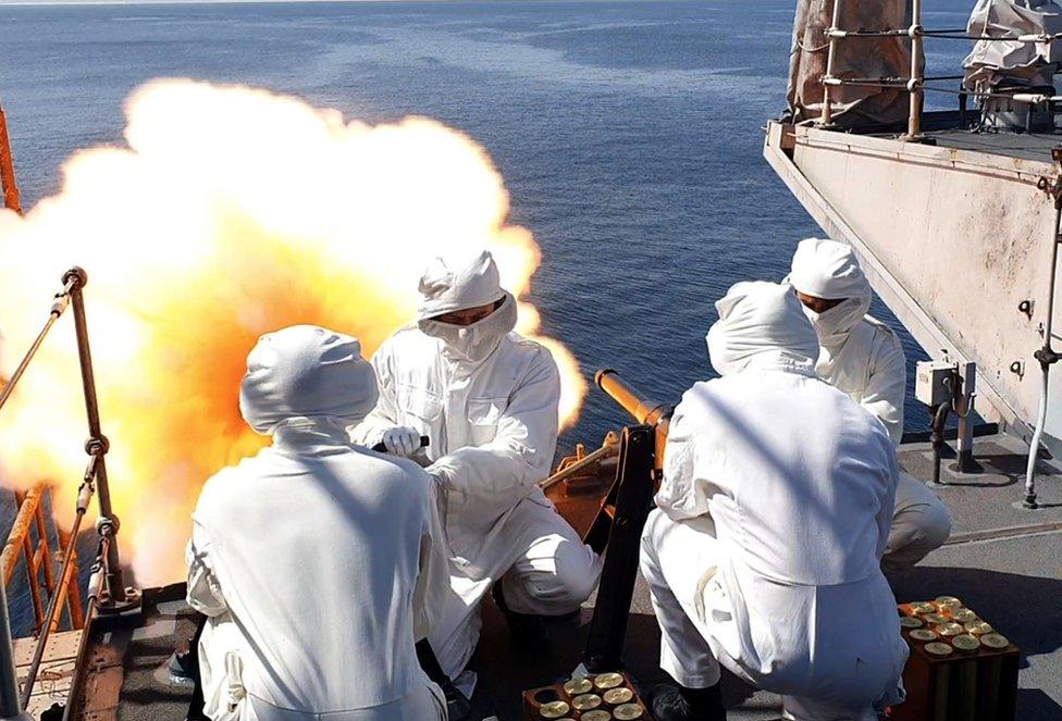 HMS Montrose firing her Salting Gun in Duqm, Oman, as part of a 41 Gun salute to mark the passing of His Royal Highness Prince Phillip