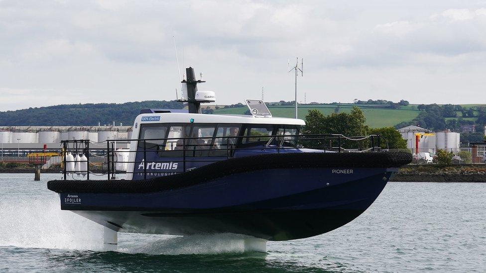 Artemis Technologies hydrofoiling workboat "Pioneer" out on Belfast Lough