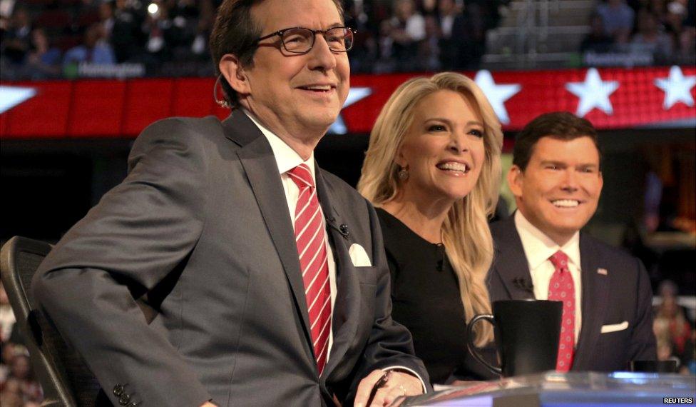 Fox News moderators (L-R) Chris Wallace, Megyn Kelly and Brett Baier during the first debate between Republican presidential candidates in Ohio - 6 August 2015