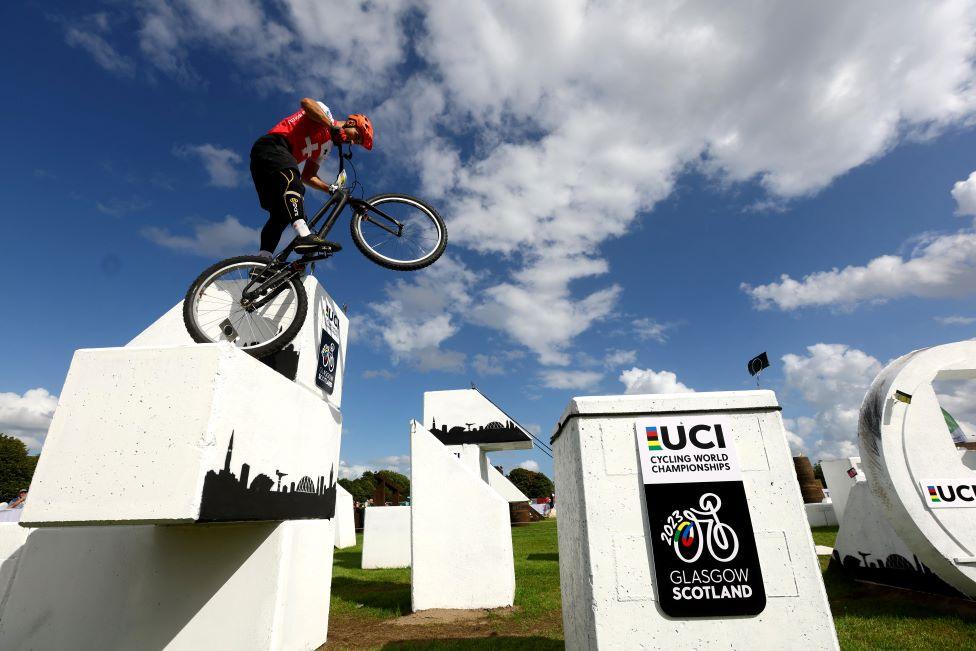 Switzerland's Tom Blaser in action during Men Elite 26" Trials Semi-Final REUTERS/Matthew Childs