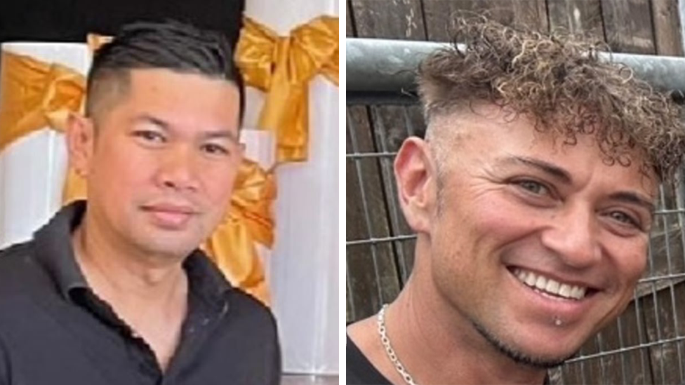 A composite image with two photos. Each photo is a close-up of one man. The man on the left has straight black hair and a black shirt. The man on the left has curly brown hair and is wearing a black t-shirt.