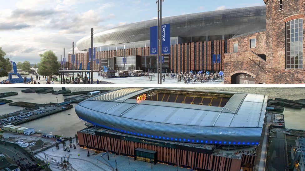 A composite image showing an artist impression of Everton's new stadium on top with a picture of the actual thing below.